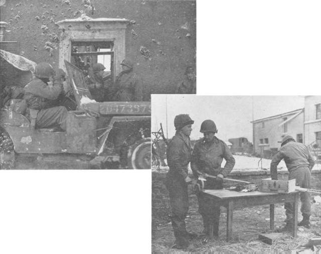 Top left : An American casualty being taken away by jeep while German 88 shells land all around the building - Luxembourg. Bottom right : An ax to grind.